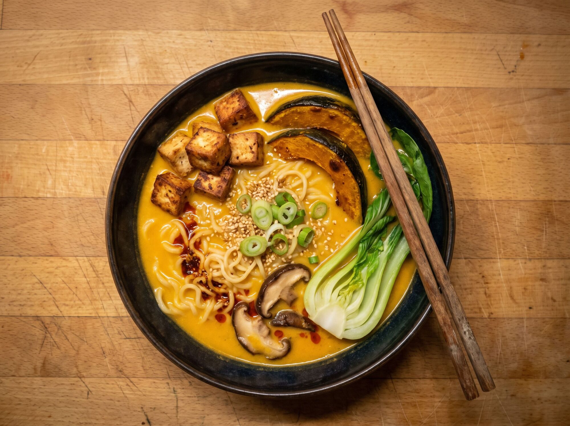 Kürbis-Miso-Ramen mit knusprigem Tofu und Shojin-Dashi