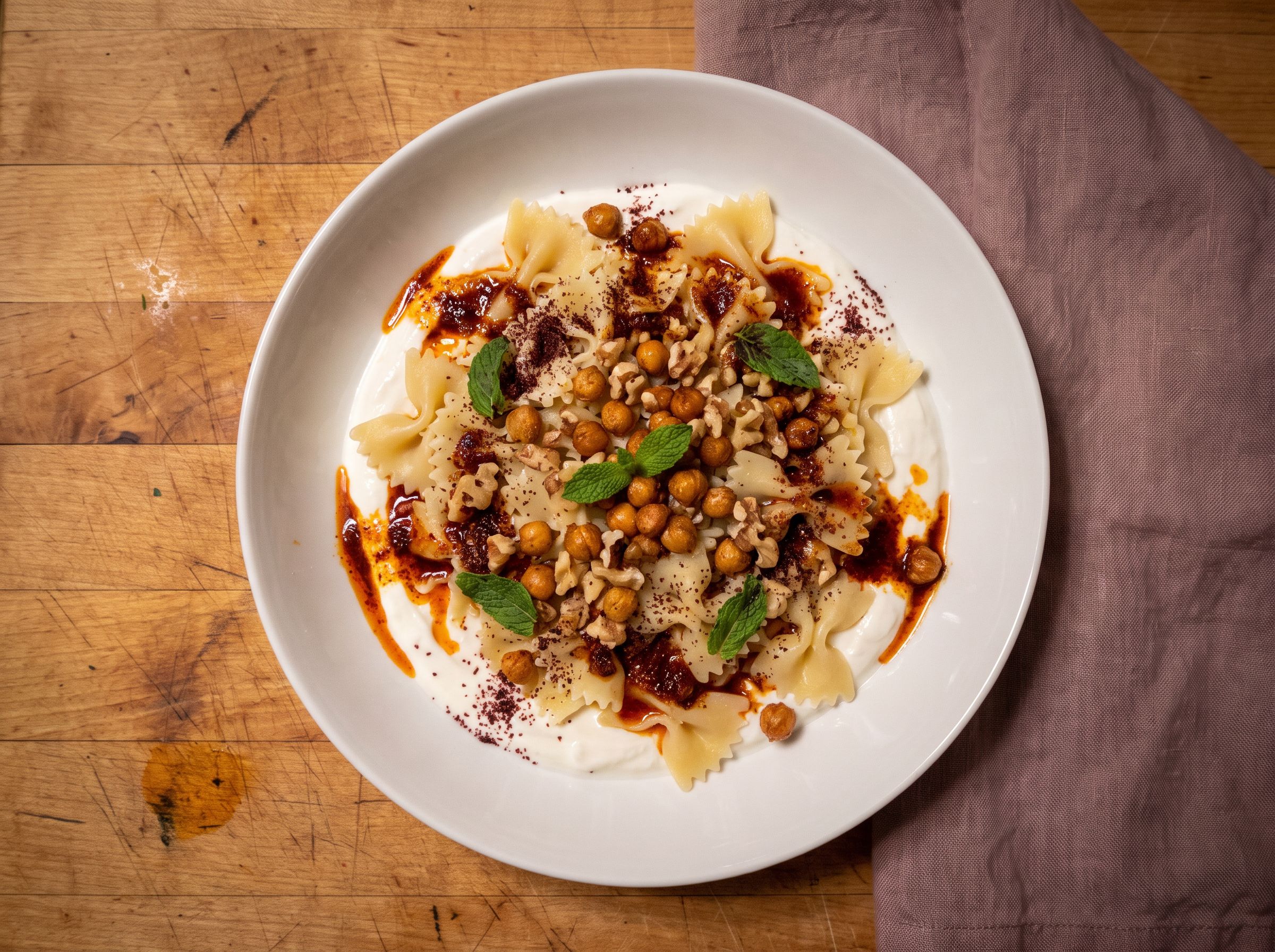 Türkische Pasta vegan mit Knoblauch-Joghurt, Paprikabutter und knusprigen Kichererbsen